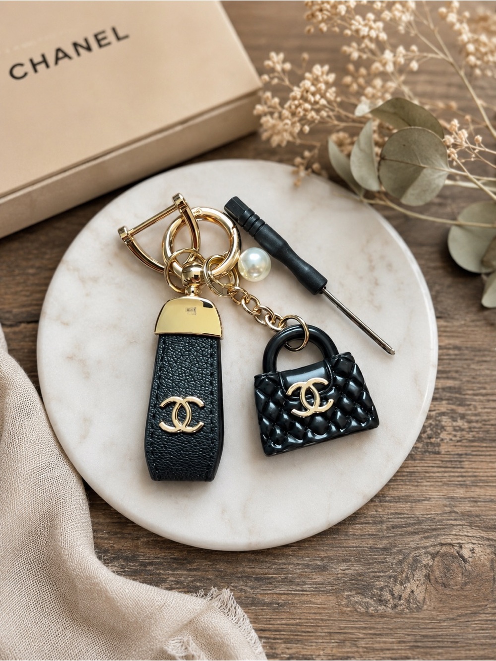 Inspired Black Quilted Bag Charm and Leather Key Fob with Gold Hardware